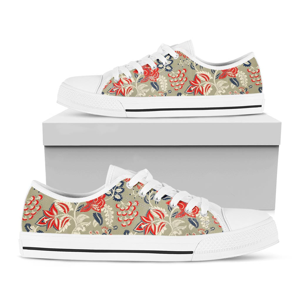 Beige Bohemian Floral Pattern Print White Low Top Sneakers