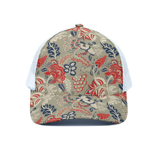 Beige Bohemian Floral Pattern Print White Mesh Trucker Cap