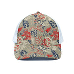 Beige Bohemian Floral Pattern Print White Mesh Trucker Cap