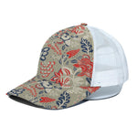 Beige Bohemian Floral Pattern Print White Mesh Trucker Cap