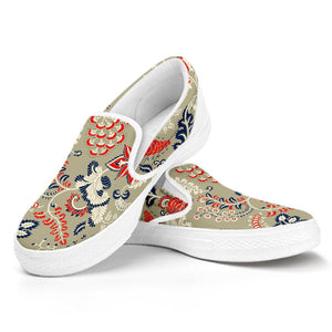 Beige Bohemian Floral Pattern Print White Slip On Sneakers