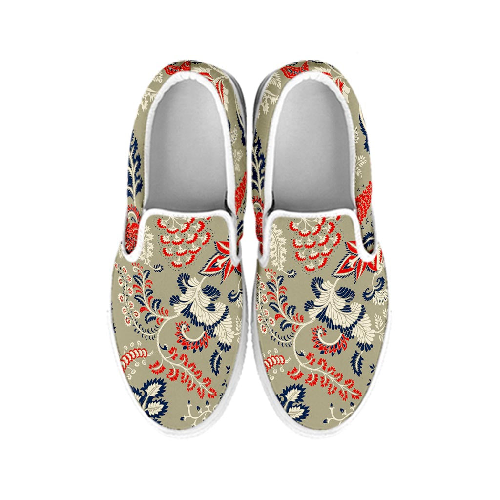 Beige Bohemian Floral Pattern Print White Slip On Sneakers