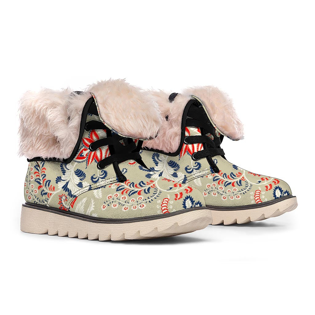 Beige Bohemian Floral Pattern Print Winter Boots