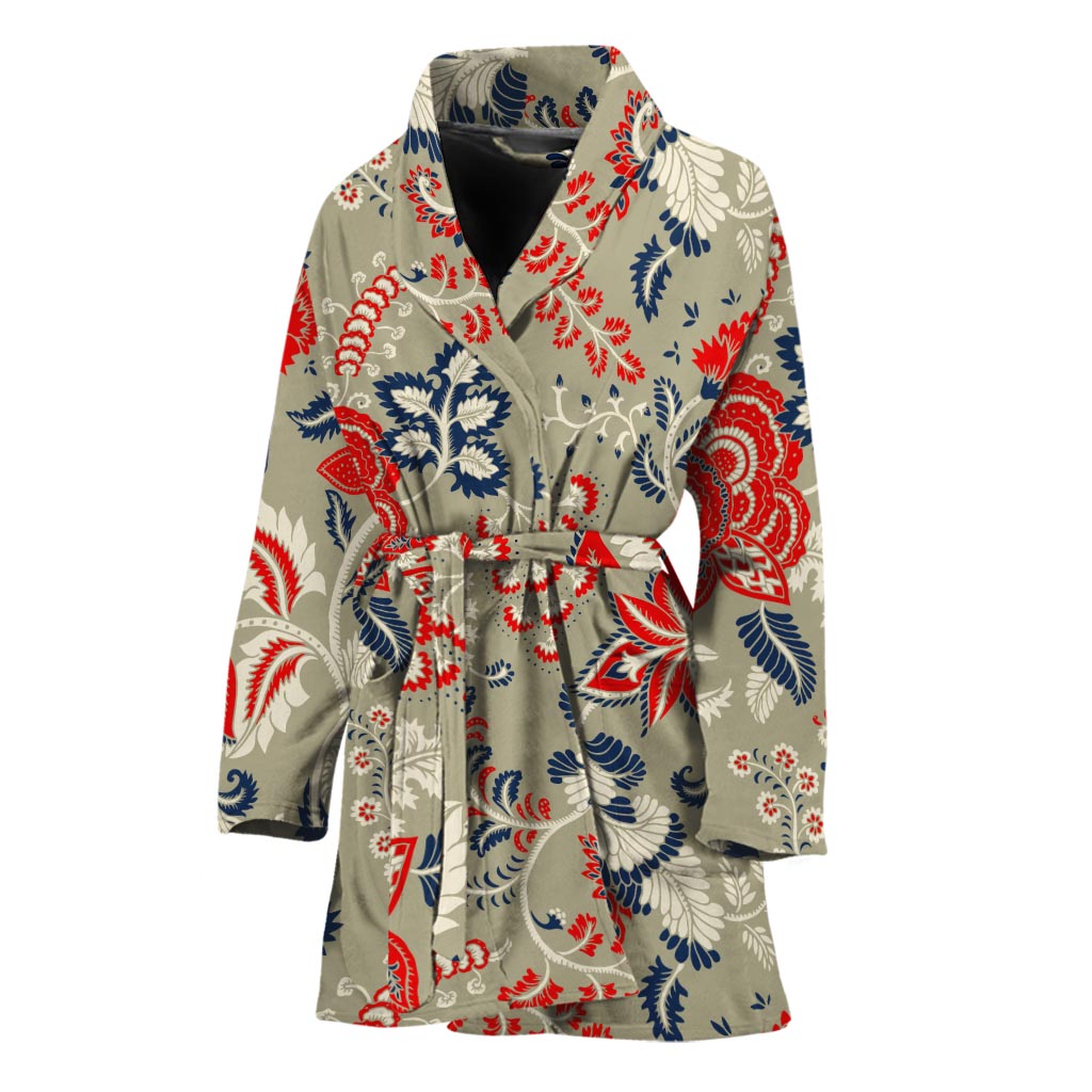 Beige Bohemian Floral Pattern Print Women's Bathrobe