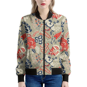 Beige Bohemian Floral Pattern Print Women's Bomber Jacket