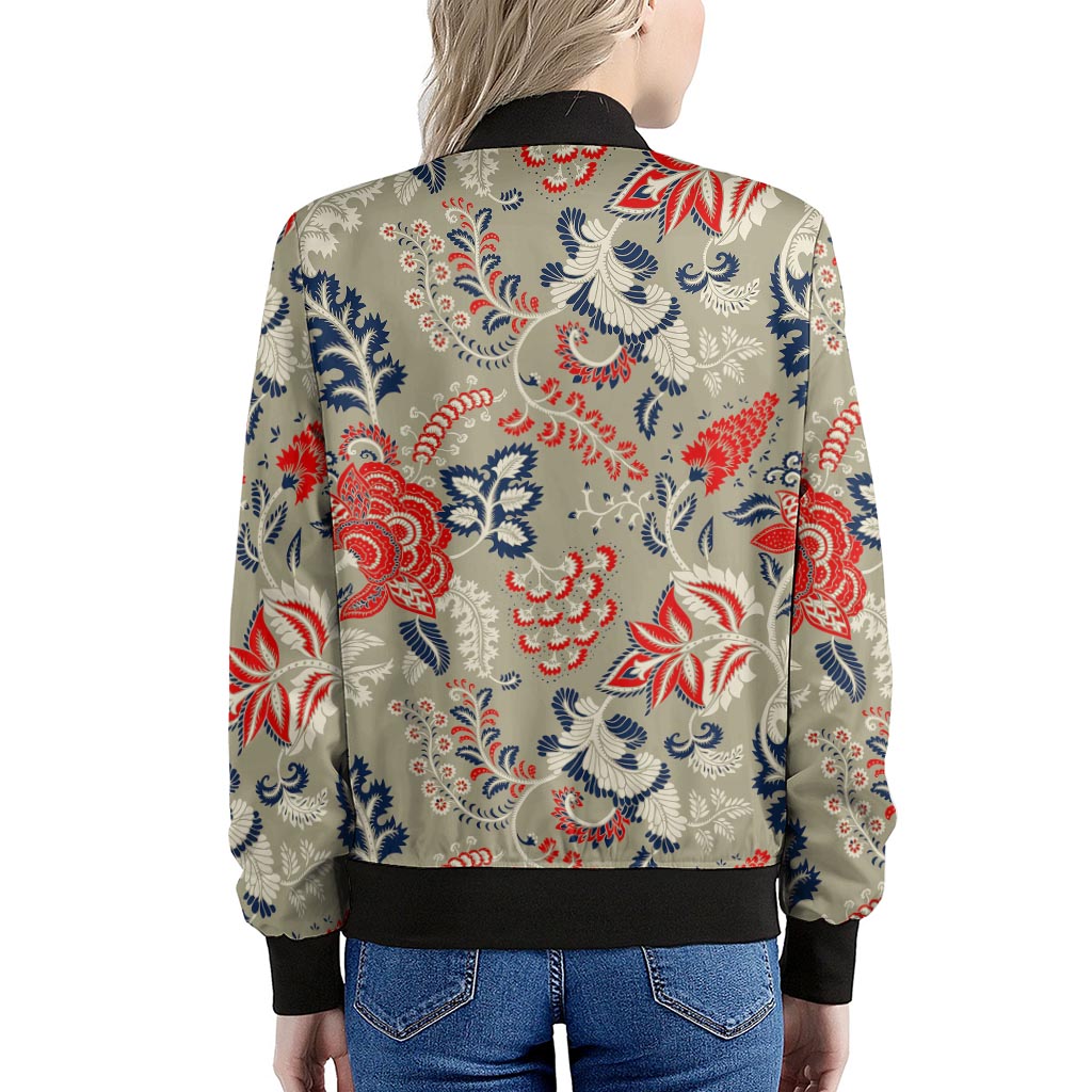 Beige Bohemian Floral Pattern Print Women's Bomber Jacket