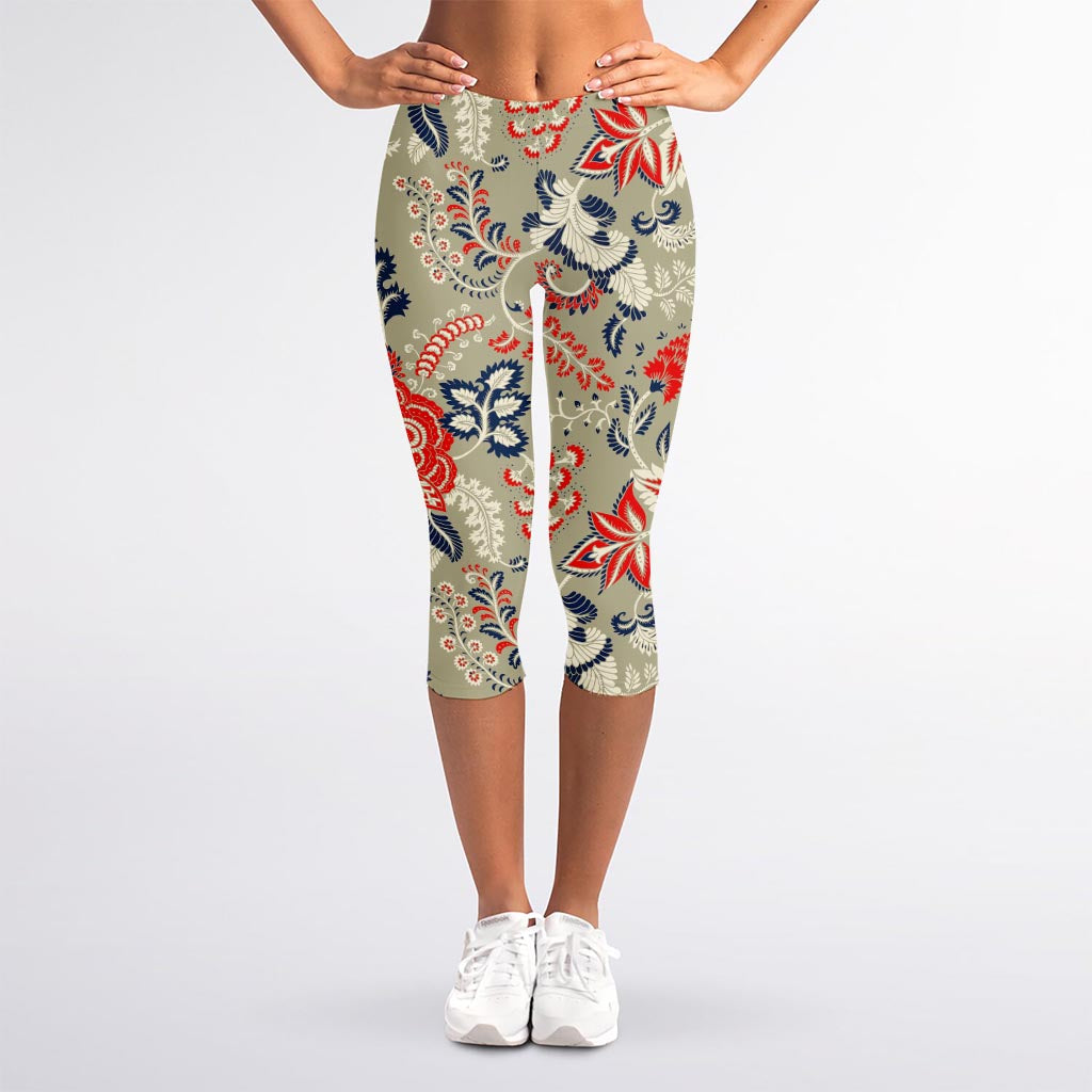 Beige Bohemian Floral Pattern Print Women's Capri Leggings