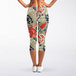 Beige Bohemian Floral Pattern Print Women's Capri Leggings