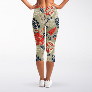 Beige Bohemian Floral Pattern Print Women's Capri Leggings