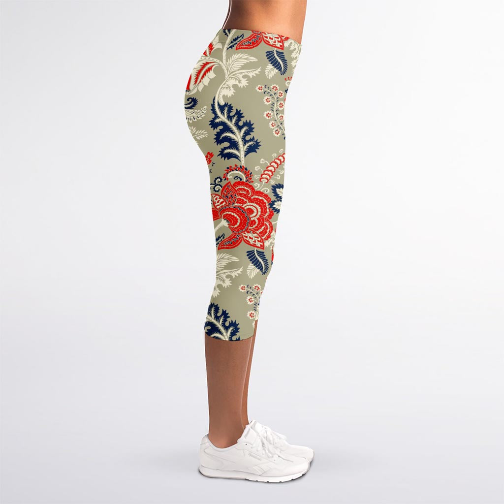 Beige Bohemian Floral Pattern Print Women's Capri Leggings