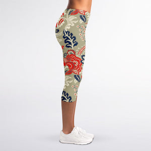 Beige Bohemian Floral Pattern Print Women's Capri Leggings