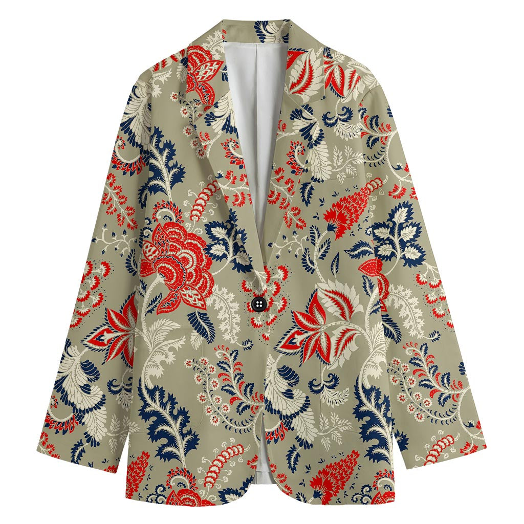 Beige Bohemian Floral Pattern Print Women's Cotton Blazer