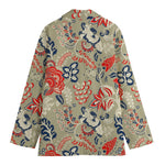 Beige Bohemian Floral Pattern Print Women's Cotton Blazer