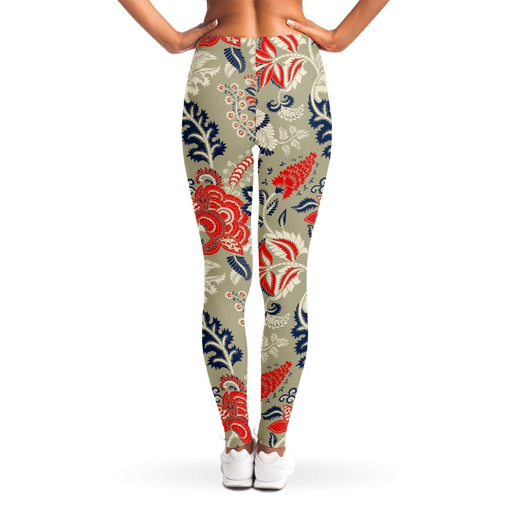 Beige Bohemian Floral Pattern Print Women's Leggings