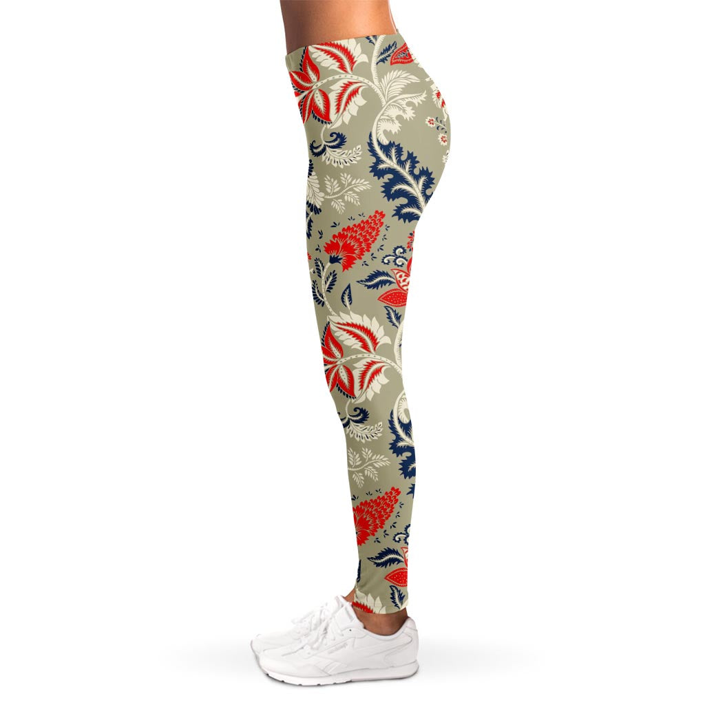 Beige Bohemian Floral Pattern Print Women's Leggings