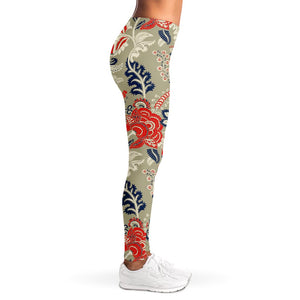 Beige Bohemian Floral Pattern Print Women's Leggings