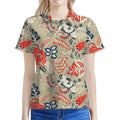 Beige Bohemian Floral Pattern Print Women's Polo Shirt
