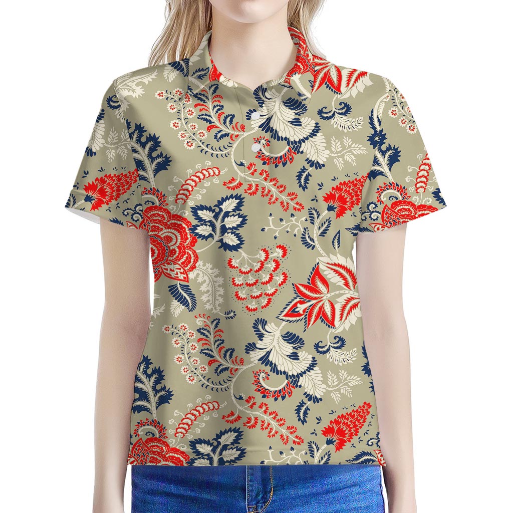 Beige Bohemian Floral Pattern Print Women's Polo Shirt