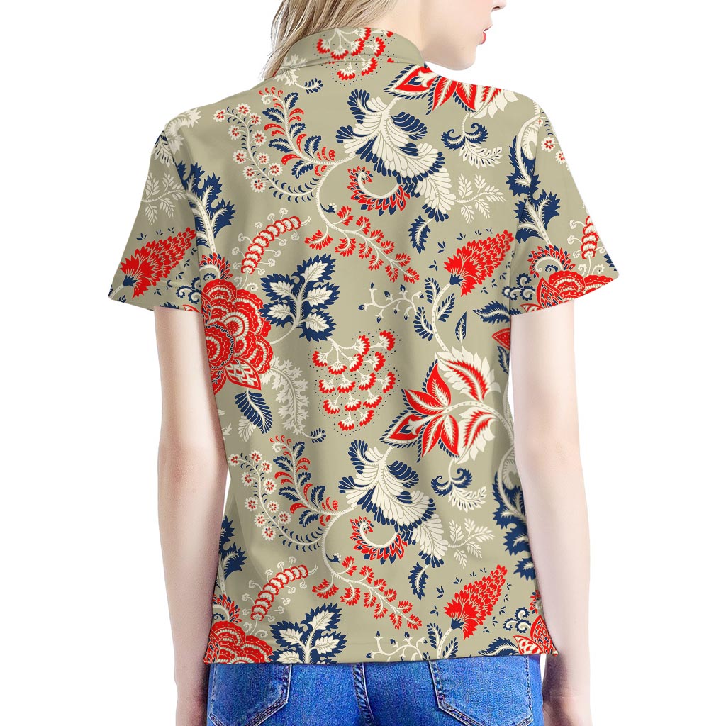 Beige Bohemian Floral Pattern Print Women's Polo Shirt