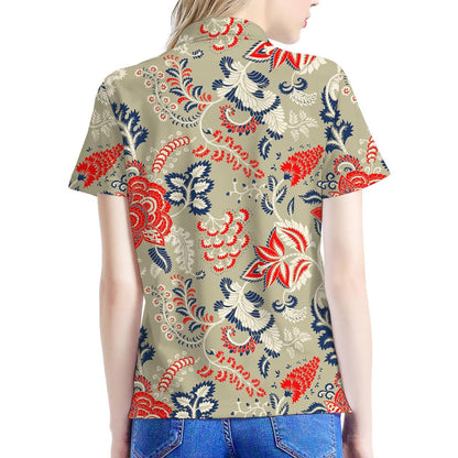 Beige Bohemian Floral Pattern Print Women's Polo Shirt