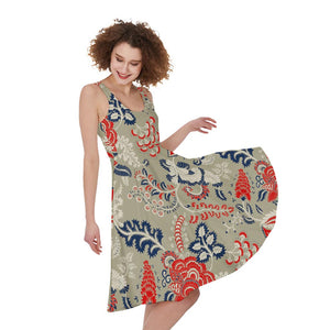Beige Bohemian Floral Pattern Print Women's Sleeveless Dress
