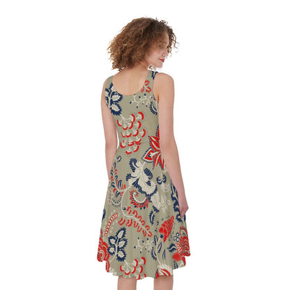 Beige Bohemian Floral Pattern Print Women's Sleeveless Dress