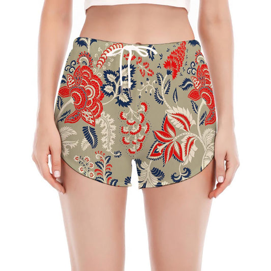 Beige Bohemian Floral Pattern Print Women's Split Running Shorts