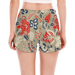 Beige Bohemian Floral Pattern Print Women's Split Running Shorts