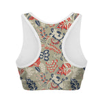 Beige Bohemian Floral Pattern Print Women's Sports Bra