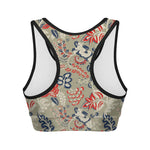 Beige Bohemian Floral Pattern Print Women's Sports Bra