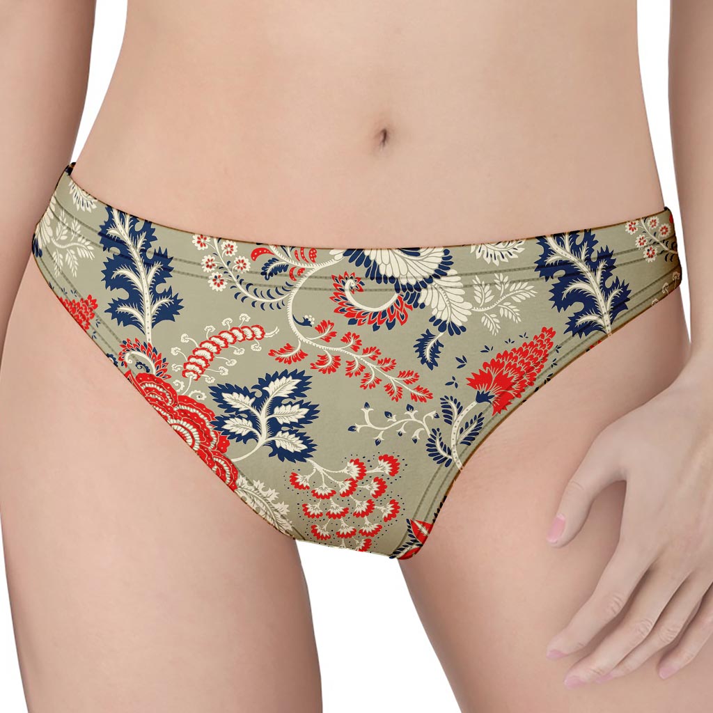 Beige Bohemian Floral Pattern Print Women's Thong