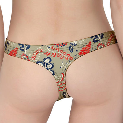 Beige Bohemian Floral Pattern Print Women's Thong