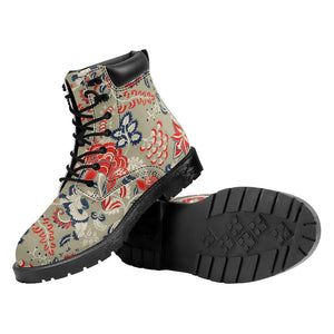 Beige Bohemian Floral Pattern Print Work Boots