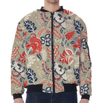 Beige Bohemian Floral Pattern Print Zip Sleeve Bomber Jacket