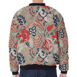 Beige Bohemian Floral Pattern Print Zip Sleeve Bomber Jacket