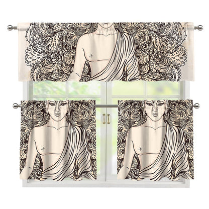 Beige Buddha Mandala Print 3 Piece Kitchen Curtains