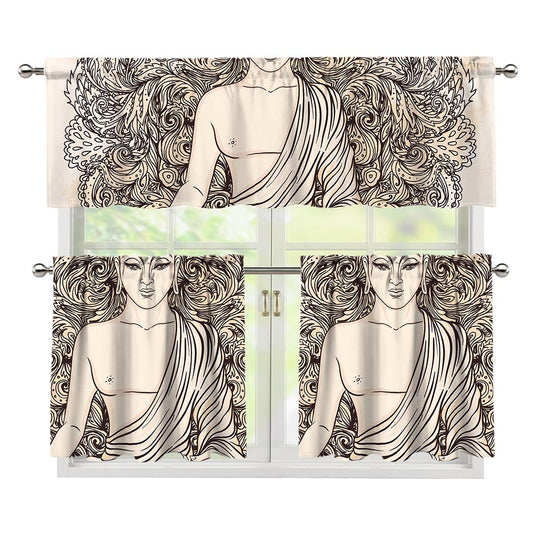 Beige Buddha Mandala Print 3 Piece Kitchen Curtains