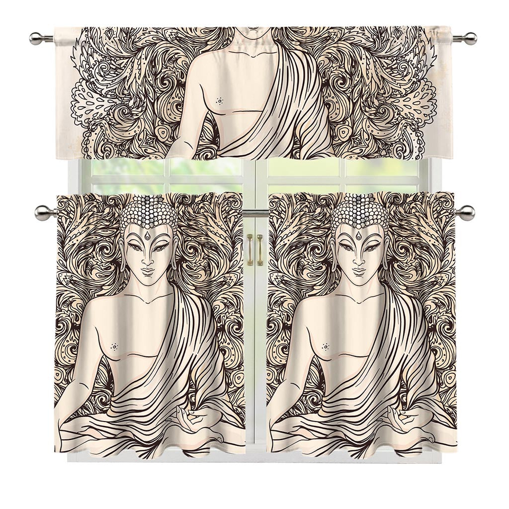 Beige Buddha Mandala Print 3 Piece Kitchen Curtains