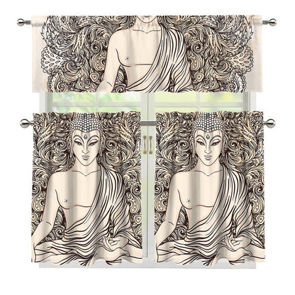 Beige Buddha Mandala Print 3 Piece Kitchen Curtains