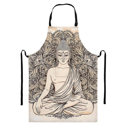 Beige Buddha Mandala Print Bib Apron With Pocket