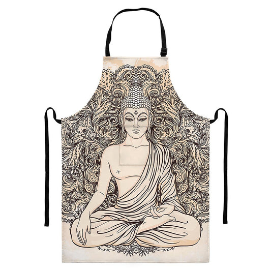 Beige Buddha Mandala Print Bib Apron With Pocket