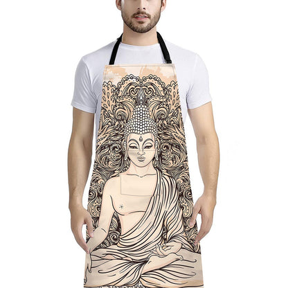 Beige Buddha Mandala Print Bib Apron With Pocket