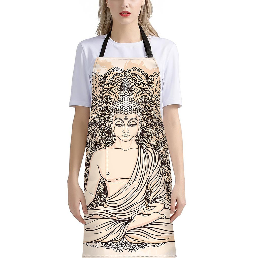 Beige Buddha Mandala Print Bib Apron With Pocket