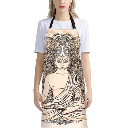 Beige Buddha Mandala Print Bib Apron With Pocket