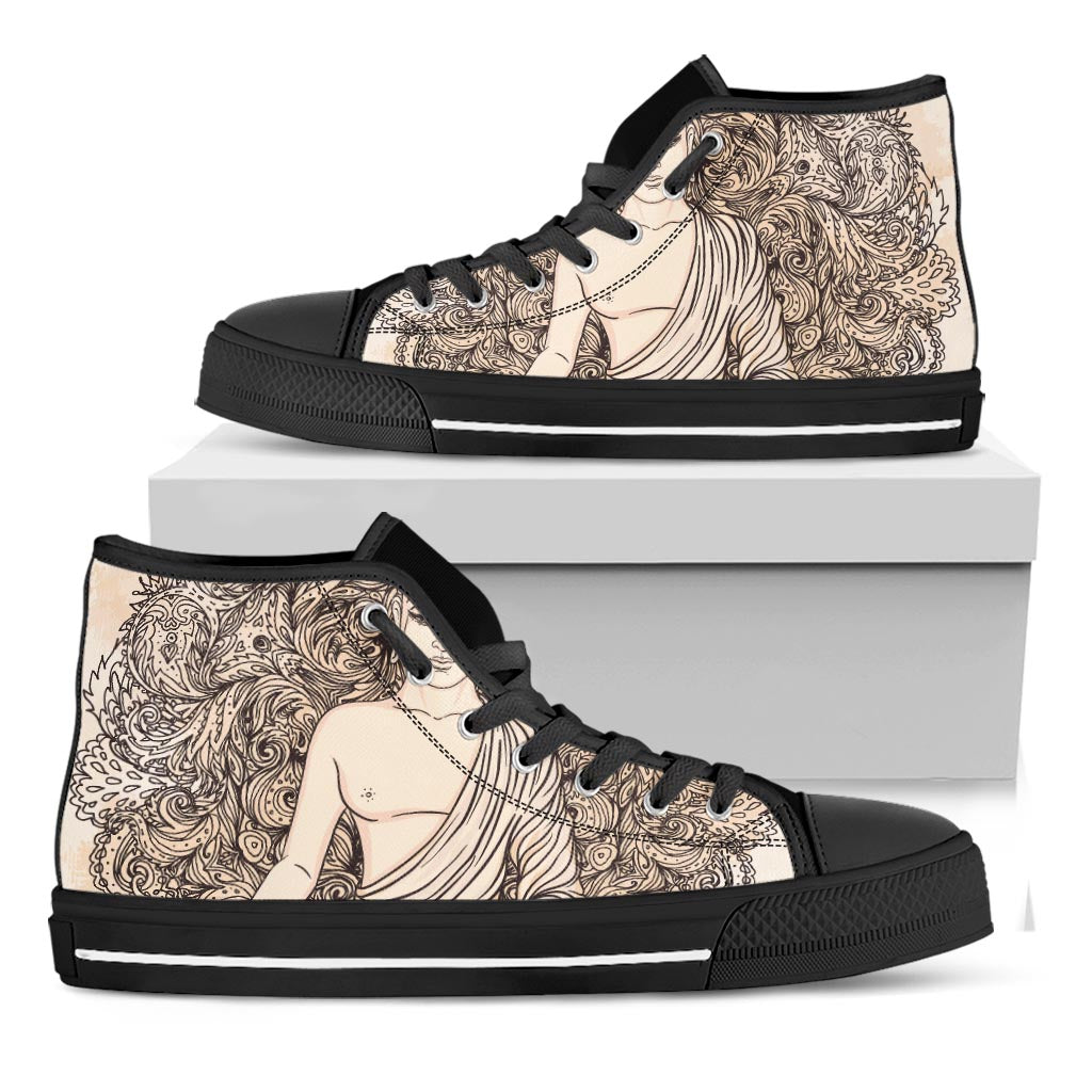 Beige Buddha Mandala Print Black High Top Sneakers
