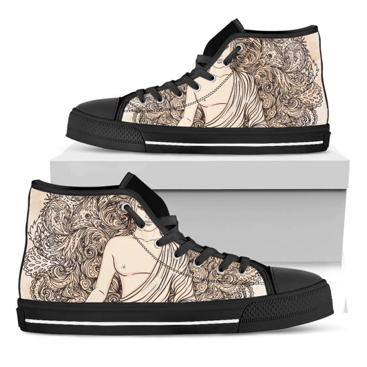 Beige Buddha Mandala Print Black High Top Sneakers