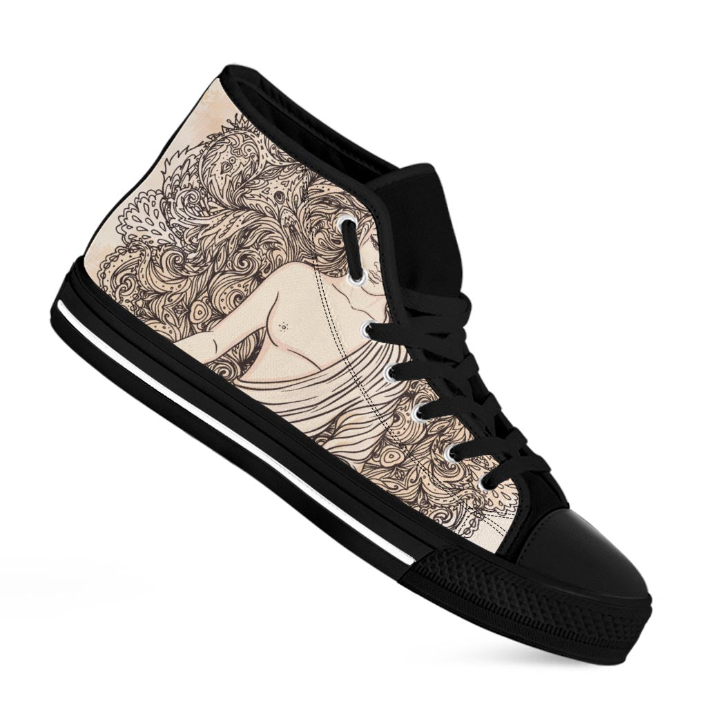Beige Buddha Mandala Print Black High Top Sneakers