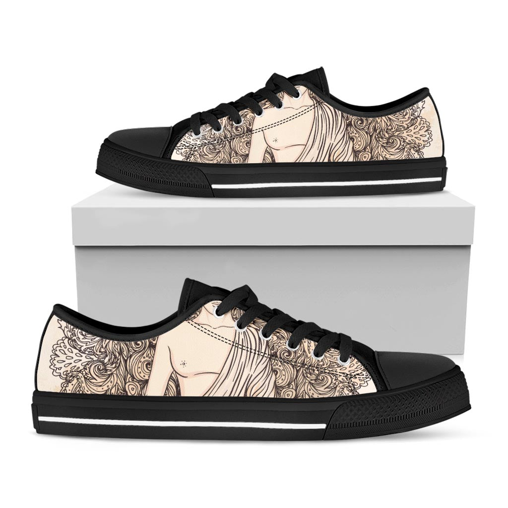 Beige Buddha Mandala Print Black Low Top Sneakers