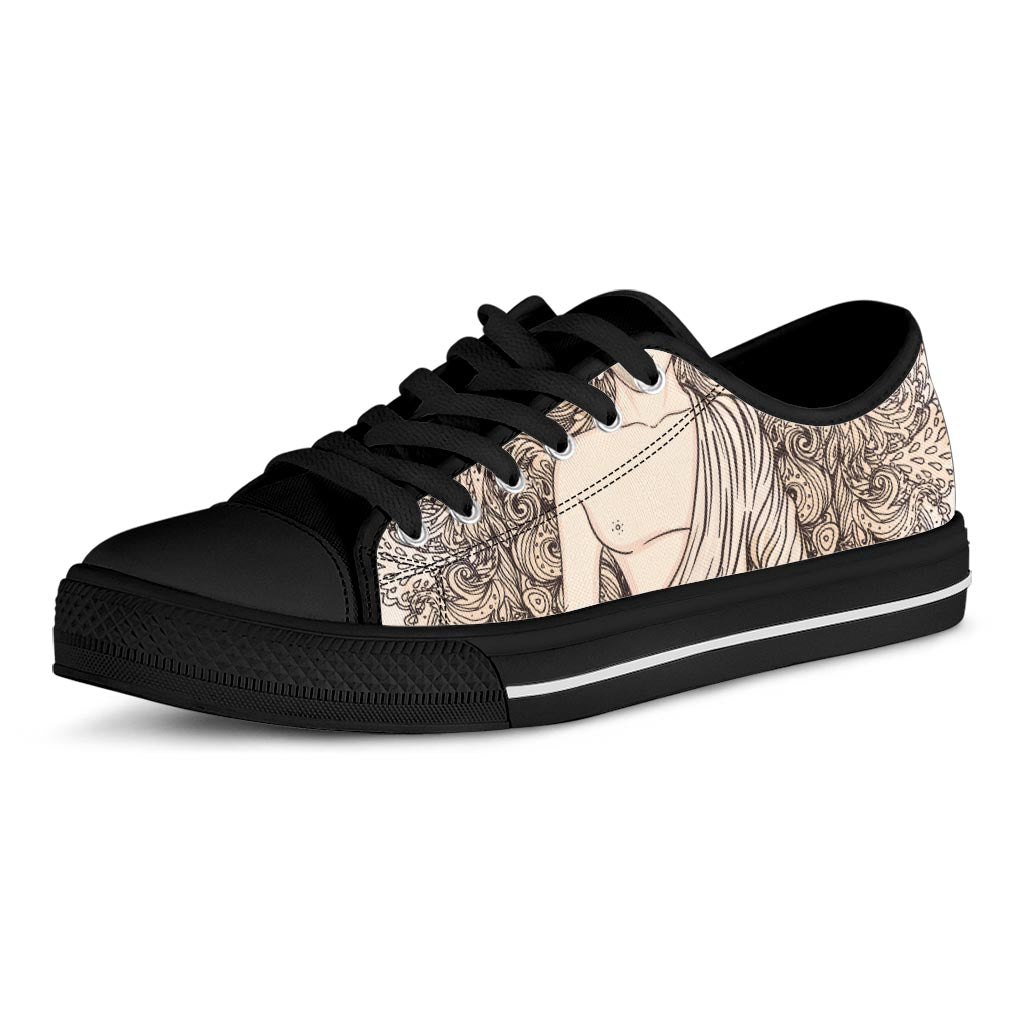 Beige Buddha Mandala Print Black Low Top Sneakers