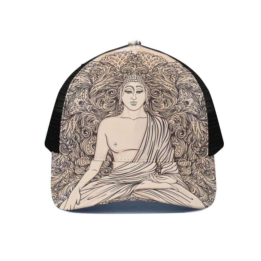 Beige Buddha Mandala Print Black Mesh Trucker Cap